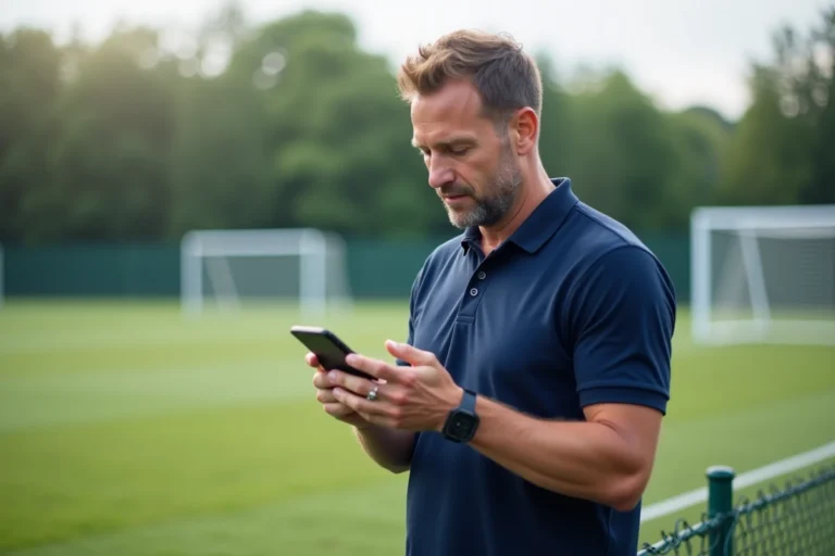 Un homme consultant l'espace Footclubs FFF sur son smartphone près d'un terrain de football