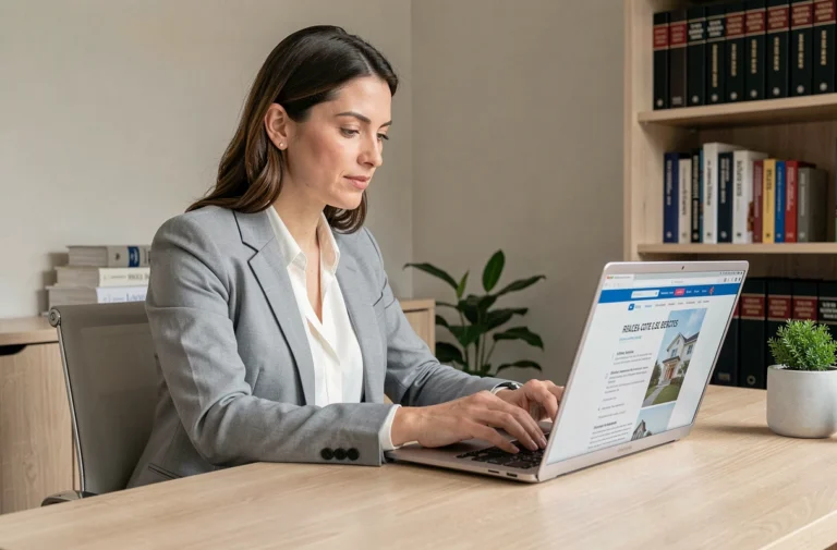 Femme achetant un code immobilier en ligne depuis son bureau à domicile sur un ordinateur portable