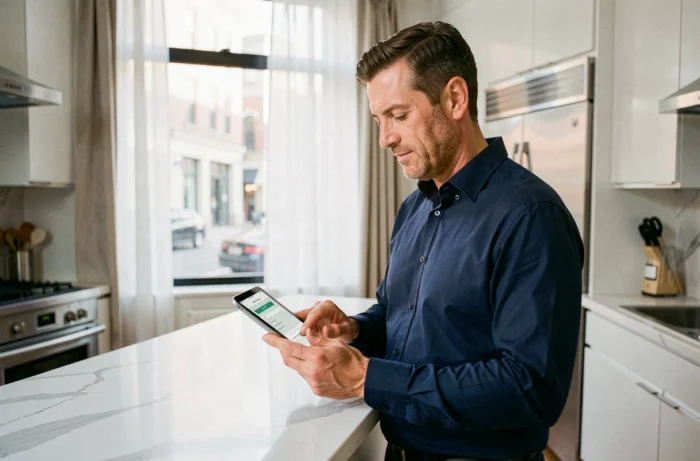 Homme effectuant l'achat sécurisé d'un code immobilier en ligne via une tablette dans une cuisine moderne