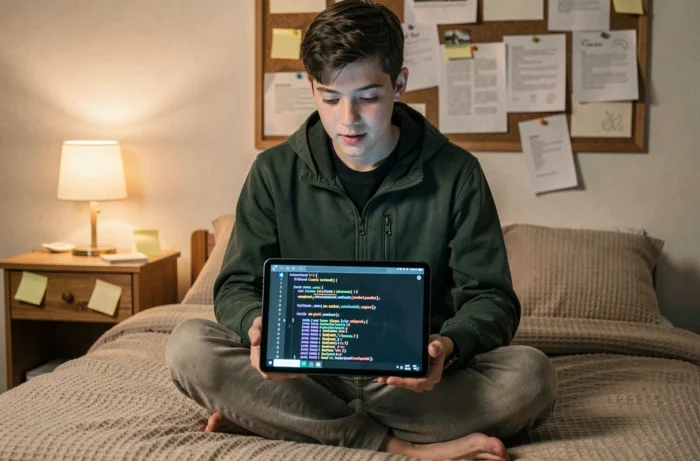 Adolescent découvrant le code HTML sur une tablette dans une chambre confortable et décorée