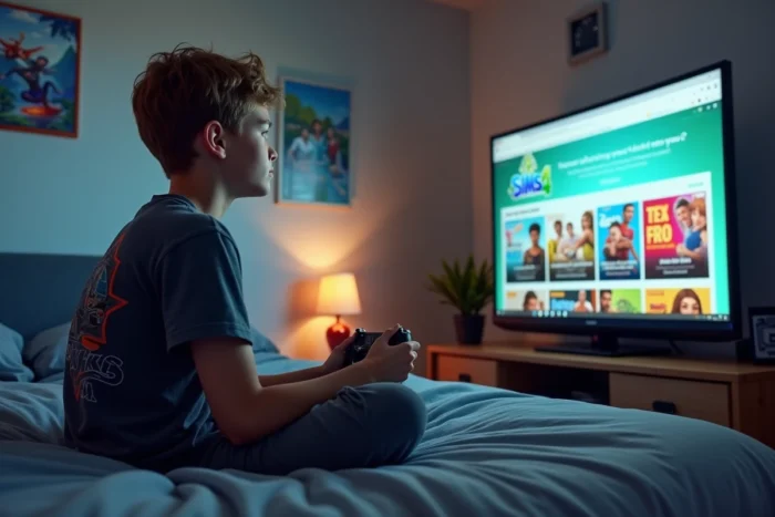 Adolescent jouant aux Sims 4 dans sa chambre avec des packs d'extension affichés sur l'écran de jeu