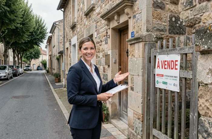 Agent immobilière devant une maison en pierre à vendre dans une rue de ville de province française