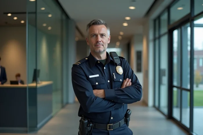 Agent de sécurité en uniforme marine debout à l'entrée d'un immeuble de bureaux moderne lors d'une longue vacation de 14 heures