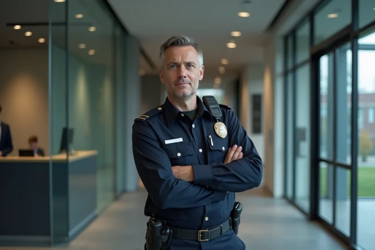 Agent de sécurité en uniforme marine debout à l'entrée d'un immeuble de bureaux moderne lors d'une longue vacation de 14 heures