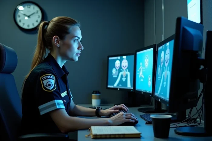 Agente de sécurité féminine surveillant des écrans de vidéosurveillance dans une salle de contrôle pendant une vacation de nuit de 14 heures