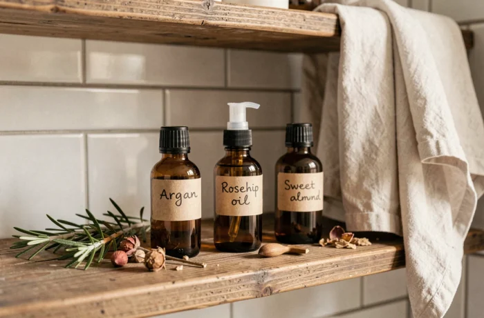 Bouteilles d'huiles naturelles alternatives à l'huile de jojoba disposées sur une étagère en bois rustique dans une salle de bain