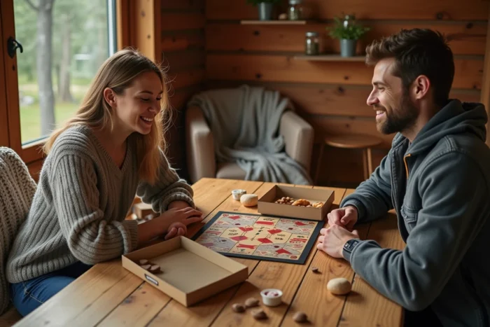 Deux amis jouant à un jeu de société autour d'une table en bois dans un chalet chaleureux avec une ambiance conviviale de loisirs
