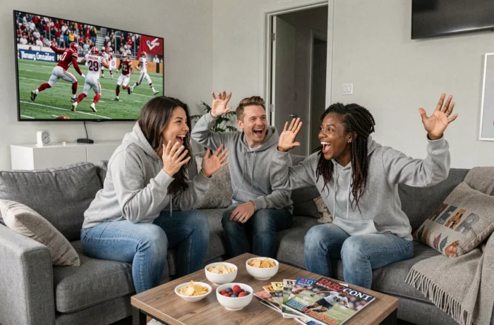 Groupe d'amis regardant un match sportif en direct à la télévision avec enthousiasme dans un salon moderne
