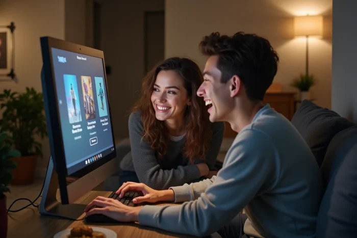 Deux amis explorant ensemble les packs téléchargeables des Sims 4 sur un ordinateur dans un appartement moderne
