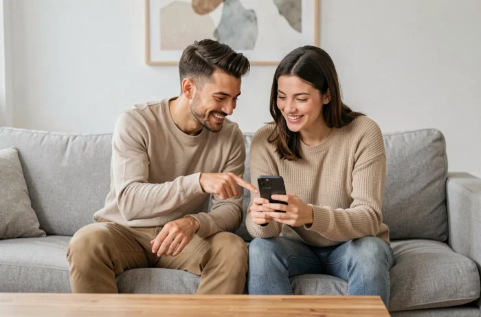 Deux amis consultant Snapchat sur un smartphone pour apprendre à envoyer une photo en vue unique