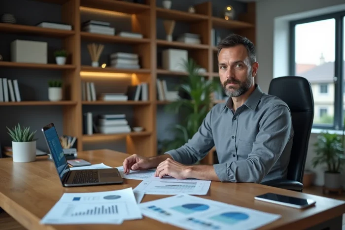 Homme analysant des données immobilières et des annonces de biens depuis son bureau à domicile avec des documents financiers