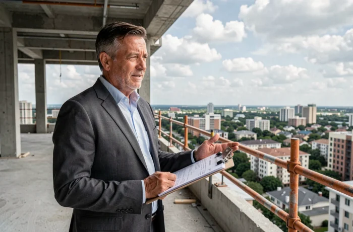 Analyste immobilier inspectant un chantier en hauteur avec vue sur le paysage urbain, tenant un carnet d'évaluation de projet