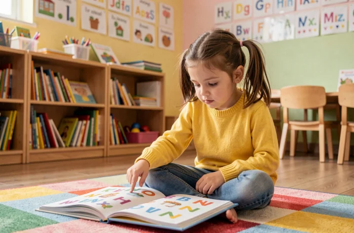 Petite fille en grande section pointant des lettres dans un livre illustré sur un tapis de classe coloré