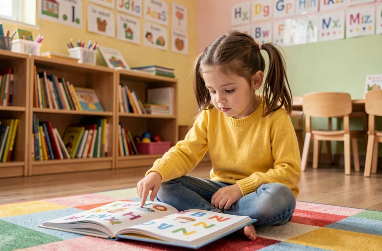 Petite fille en grande section pointant des lettres dans un livre illustré sur un tapis de classe coloré