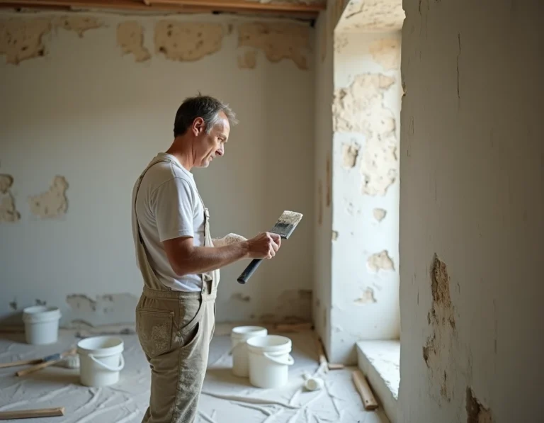 Artisan rénovant un mur en plâtre dans un appartement ancien de Nantes, travaux intérieurs sans stress