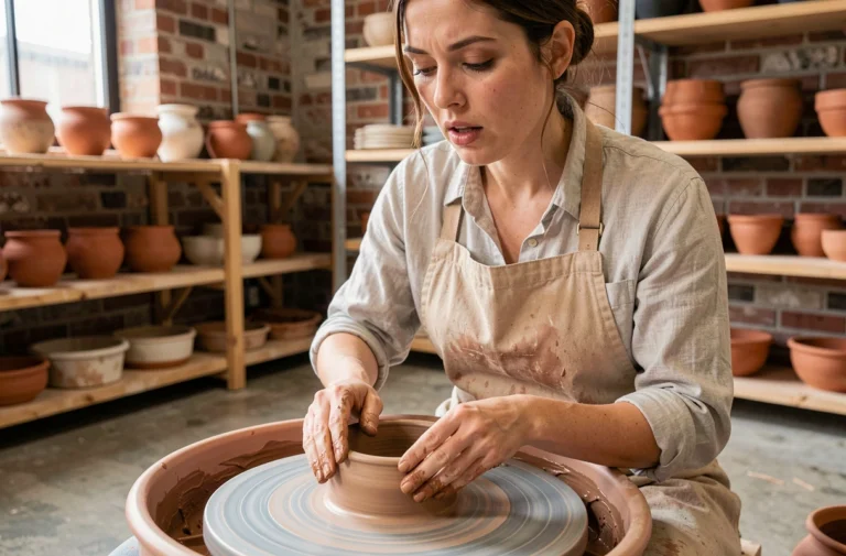 Femme façonnant un bol en argile sur un tour de poterie dans un atelier de céramique urbain