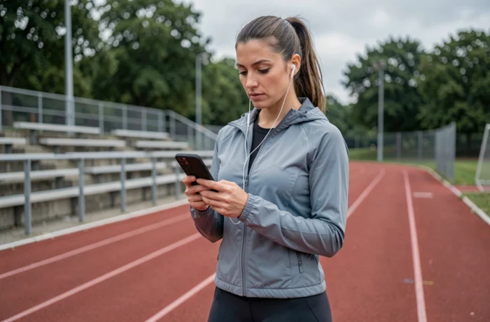 Athlète féminine consultant les dernières tendances et conseils sportifs sur son smartphone près d'une piste d'athlétisme