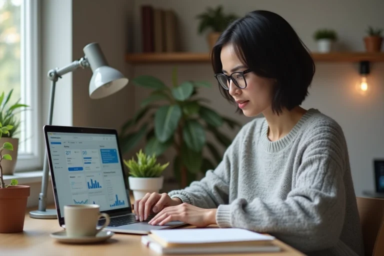 Auto-entrepreneuse travaillant sur son business en ligne depuis un bureau à domicile avec un laptop ouvert