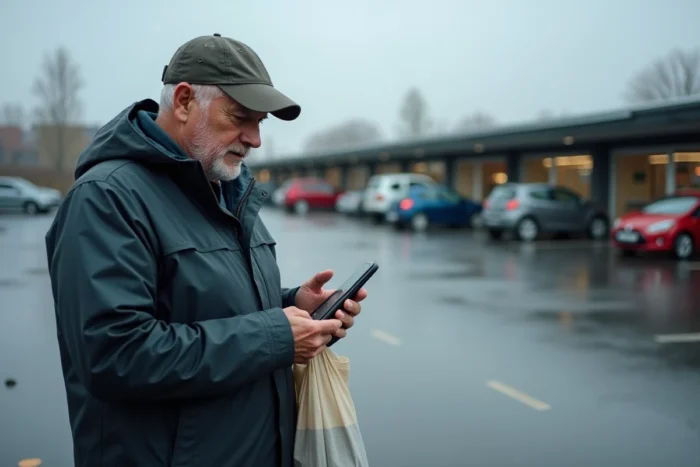 Un bénévole de club accédant à Footclubs FFF depuis son téléphone dans un parking de complexe sportif