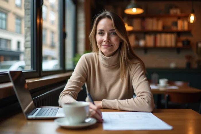 Femme professionnelle travaillant sur son bilan de compétences avec un CV et un ordinateur portable dans un café urbain