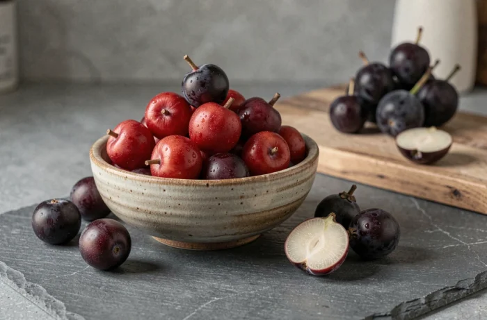 Bol en céramique rustique rempli de jujubes et de jaboticabas frais posé sur un plan de travail en ardoise grise dans une cuisine moderne