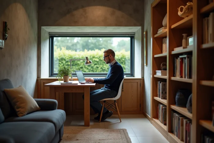 Bureau aménagé dans un sous-sol semi-enterré avec fenêtre en hauteur au niveau du sol, homme travaillant sur ordinateur dans espace de travail à domicile