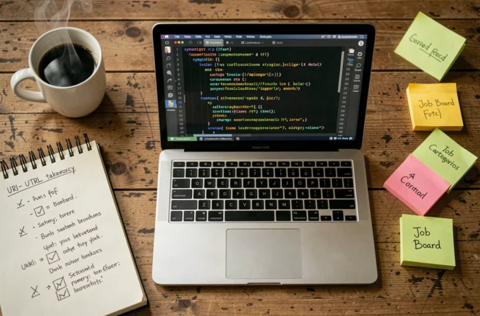 Vue de dessus d'un bureau avec un code de sitemap XML et des notes d'organisation pour un site web emploi