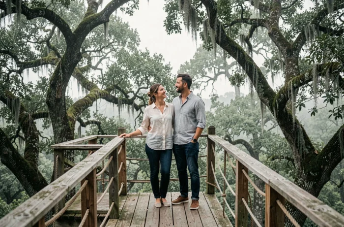 Couple admirant la vue depuis la terrasse d'une cabane dans les arbres entourée de forêt