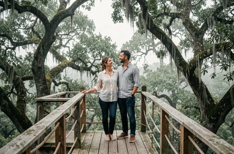 Couple admirant la vue depuis la terrasse d'une cabane dans les arbres entourée de forêt