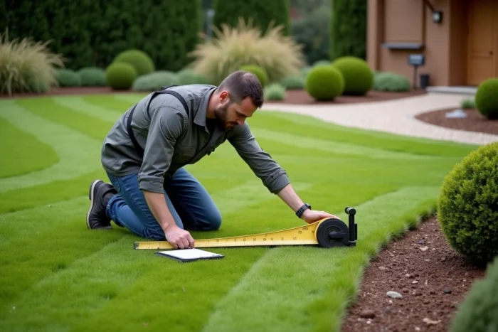 Jardinier professionnel mesurant la superficie d'un grand jardin avec une roue métrique pour établir un devis de tonte précis