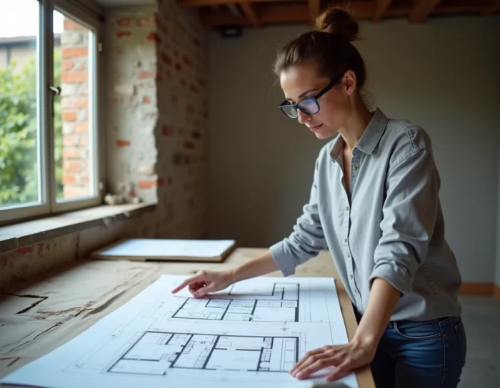 Femme cheffe de chantier consultant des plans de rénovation dans une cuisine en travaux à Nantes