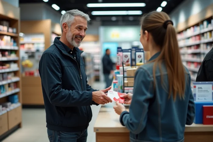 Homme présentant une carte cadeau Kadéos Infini à la caisse d'un magasin physique