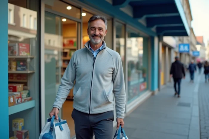 Homme sortant d'un magasin spécialisé en surgelés avec des sacs isothermes remplis de courses, illustration du quotidien des clients Picard ou Thiriet