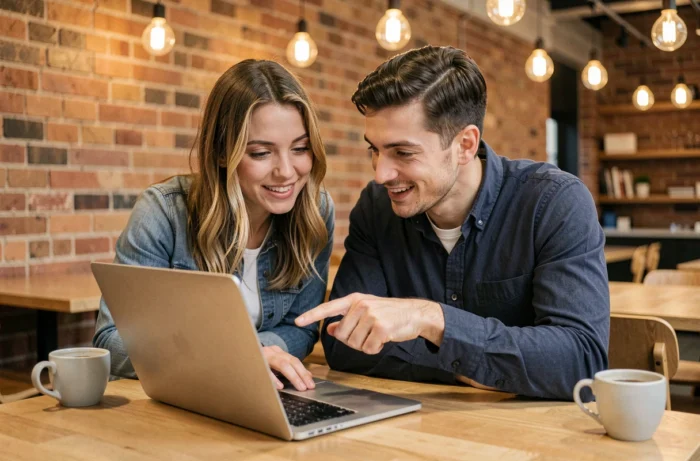 Deux collègues discutant de l'actualité numérique et technologique sur un ordinateur portable dans un espace de coworking