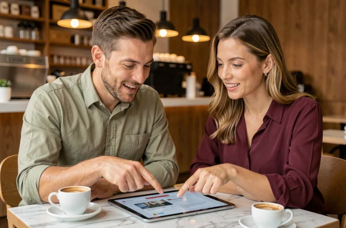Deux collègues discutant d'opportunités d'emploi sur une plateforme de services en ligne dans un café urbain