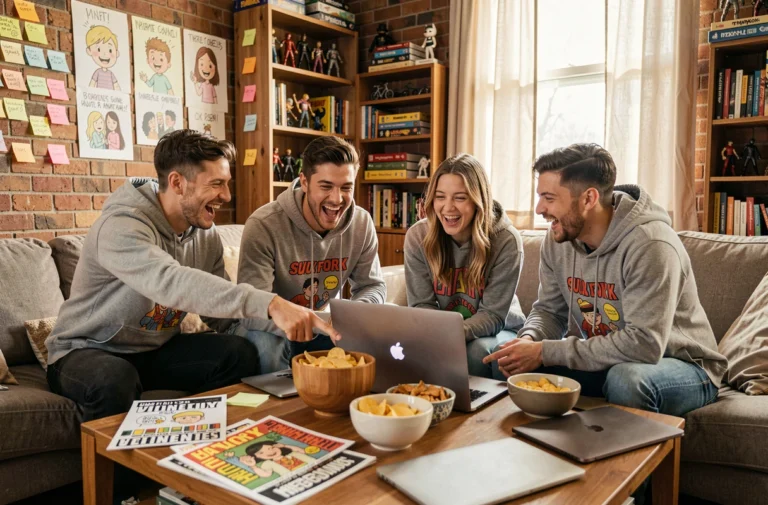 Groupe de jeunes adultes riant ensemble devant des mèmes sur un ordinateur portable dans un salon décoré de façon créative, illustrant la communauté humoristique de Choualbox