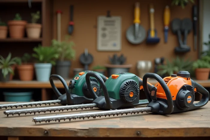 Comparaison de trois types de taille-haies posés sur un établi en bois dans un atelier de jardinage