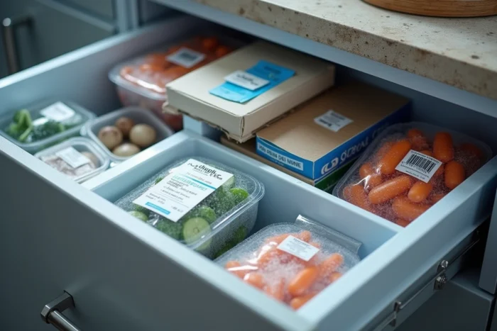 Tiroir congélateur ouvert rempli de produits surgelés organisés dans une cuisine française moderne, évoquant les courses quotidiennes en magasin surgelé