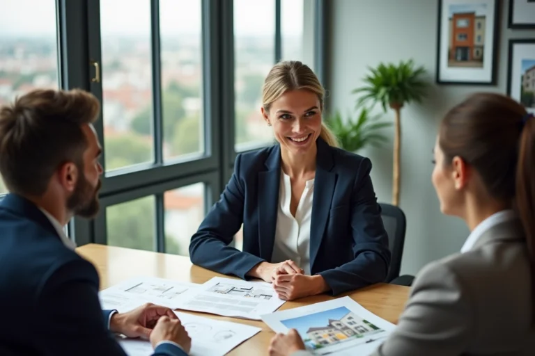 Conseillère immobilière professionnelle accompagnant un jeune couple dans leur projet immobilier autour d'un bureau avec des plans de propriété