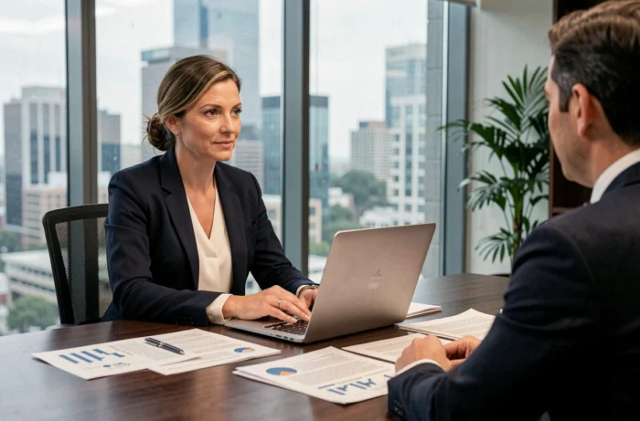 Consultante professionnelle présentant des services sur-mesure à un client dans un bureau moderne et élégant