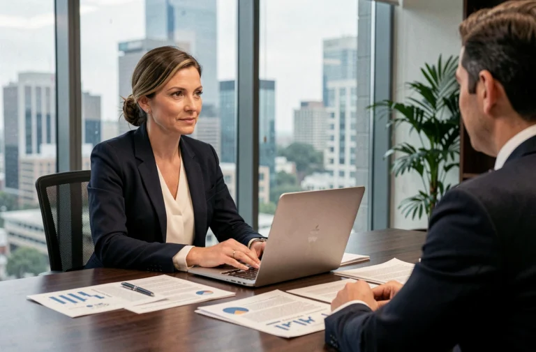 Consultante professionnelle présentant des services sur-mesure à un client dans un bureau moderne et élégant