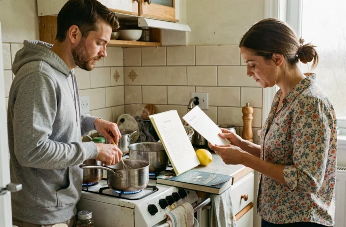 Couple cuisinant ensemble un repas maison dans une petite cuisine d'appartement