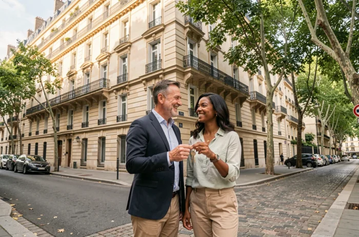 Couple souriant tenant des clés devant un immeuble haussmannien rénové symbolisant un investissement immobilier réussi