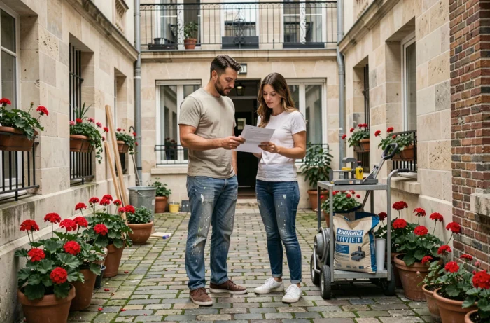 Couple consultant un bon de location de matériel de bricolage dans une cour de rénovation urbaine