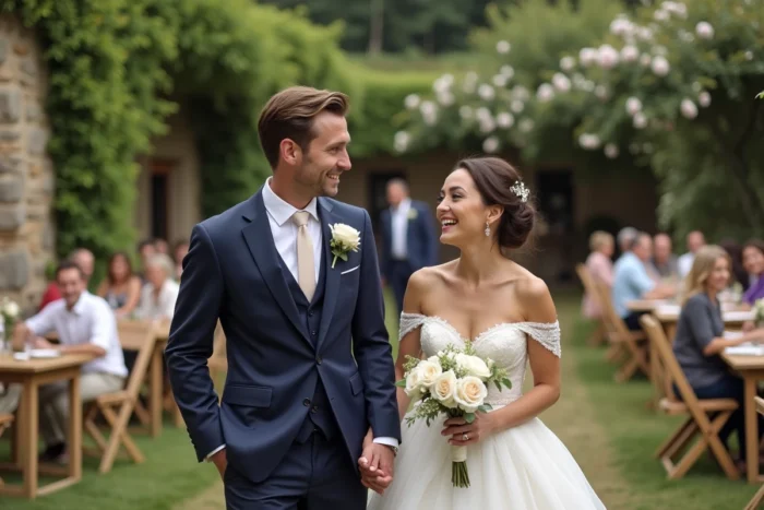 Couple marié souriant lors d'une réception de mariage en plein air dans un jardin de campagne française, robe en dentelle ivoire et costume bleu marine