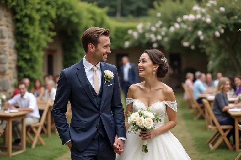 Couple marié souriant lors d'une réception de mariage en plein air dans un jardin de campagne française, robe en dentelle ivoire et costume bleu marine