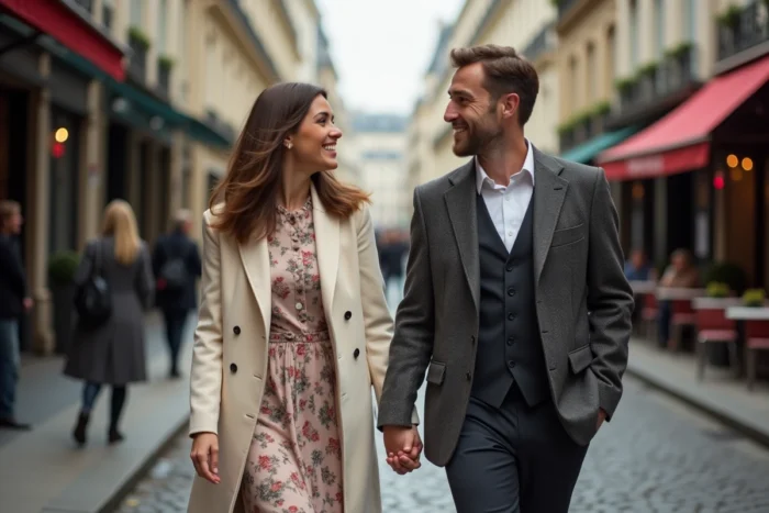 Couple marié se promenant main dans la main sur un pavé parisien, femme en manteau crème et homme en blazer gris anthracite devant des façades haussmanniennes