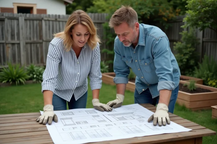 Couple examinant un plan de rénovation dans le jardin pour améliorer leur maison extérieure