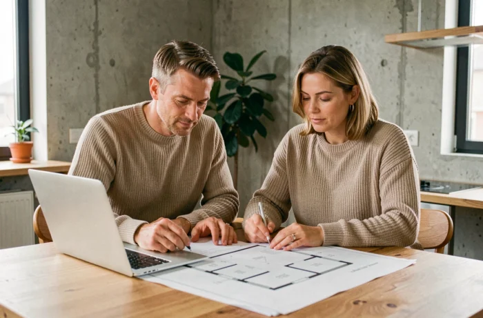Couple étudiant des plans immobiliers ensemble à une table en bois dans un appartement moderne