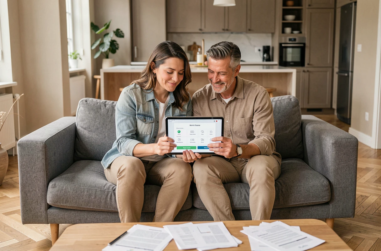 Couple étudiant une simulation de prêt immobilier sur tablette dans leur salon moderne